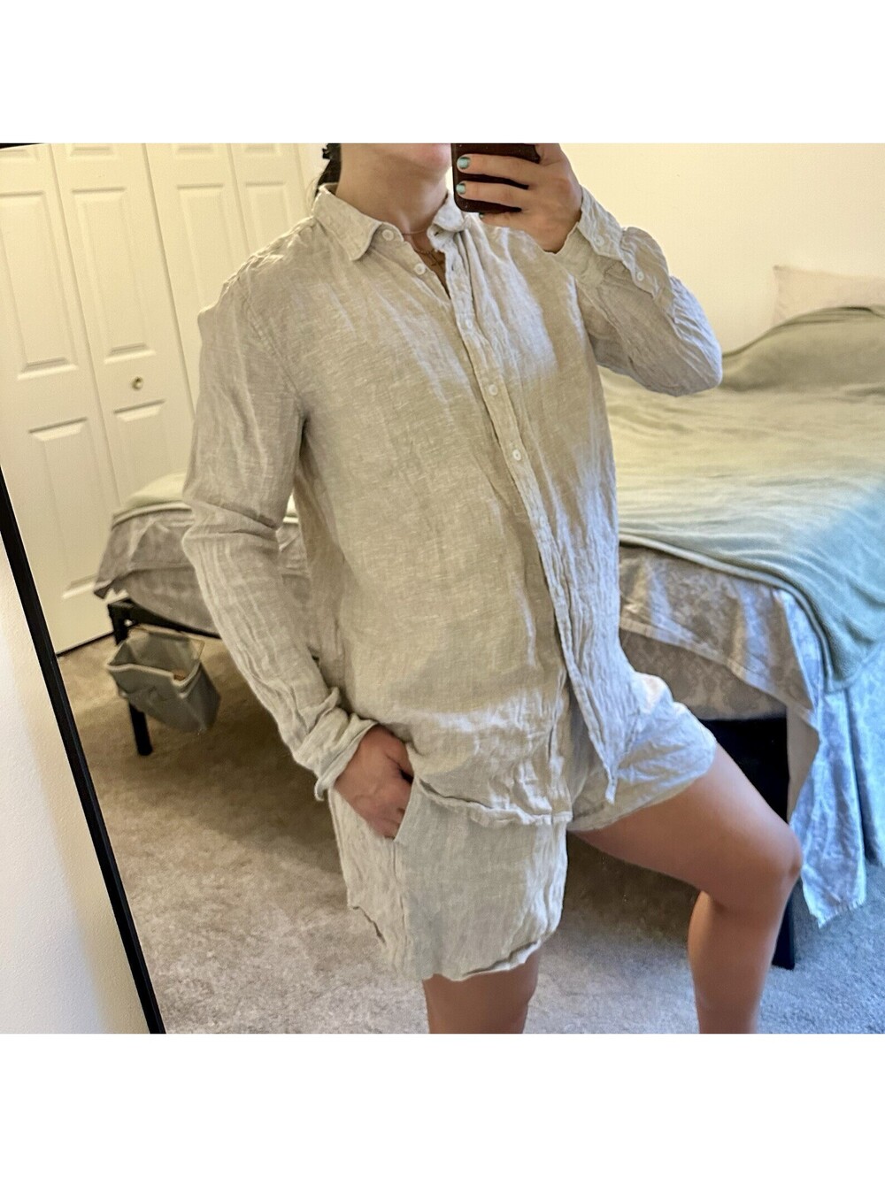 Quince Sz M White Long Sleeve Shirt & High Waist Shorts Set European Linen Beige